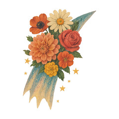 Fototapeta premium PNG Vintage floral cosmic bouquet illustration.