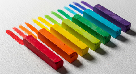 Fototapeta premium Row of colorful pastel sticks on textured paper, showing spectrum. Concept of creativity, art, expression, design. Colorful, vibrant appearance