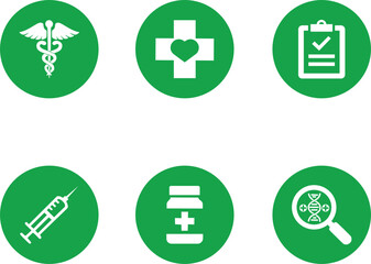 Healthcare Icon Collection in Eco Green, Vibrant Minimalist Medical Symbols Set including Caduceus, Medical Cross, and Syringe for UI Web Design