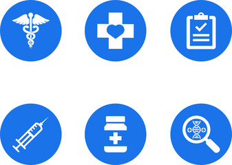 Obraz premium Healthcare Icon Collection in Blue, Vibrant Minimalist Medical Symbols Set including Caduceus, Medical Cross, and Syringe for UI Web Design