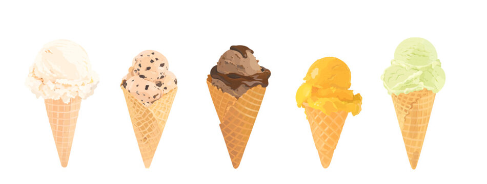 Vector illustration set of cartoon ice cream scoop with different topping in waffle cone. Sweet summer hand drawn dessert isolated on white.