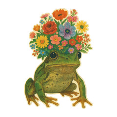 Naklejka premium PNG Whimsical frog with floral crown.
