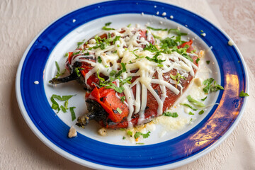Two succulent stuffed roasted red peppers, generously topped with melted white cheese and sprinkled with fresh green parsley, served on a blue and white rimmed plate.