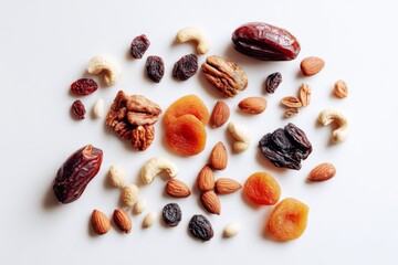 Fototapeta premium Mixed Nuts and Dried Fruits Arranged on a Clean Surface for Healthy Snacking and Cooking Ideas in a Bright Setting Generative AI