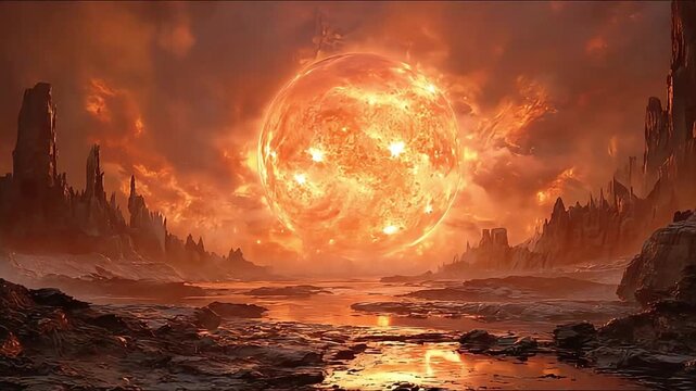 A dramatic scene of an intense sun casting fiery light over an alien landscape, evoking awe and mystery. Perfect for science fiction themes.