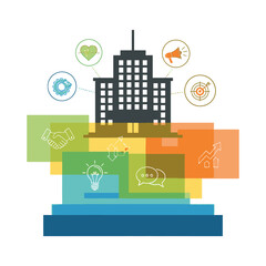 Business strategy and decision making process illustration with people and icons.