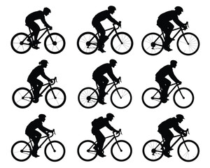 Obraz premium Cyclist silhouettes bundle, bike riding people, outdoor cycling, urban commuters, road bikes, backpack riders, bicycle clipart, vector illustration set.
