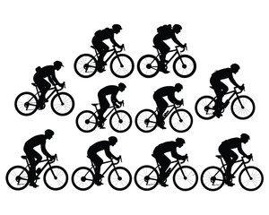 Obraz premium Bike rider silhouette collection, cyclist figures, urban and outdoor commuting, road and city bikes, backpack riders, cycling vector illustration set.