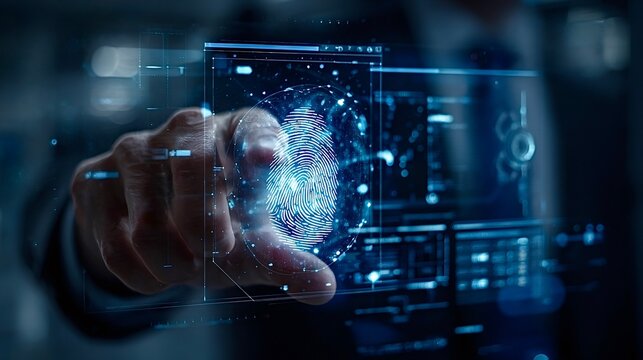 Person scanning fingerprint for biometric digital security access