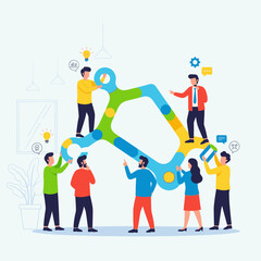Business strategy and decision making process illustration with people and icons.