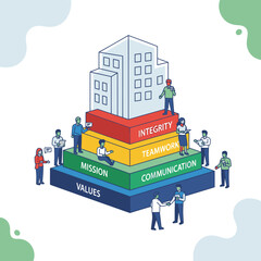 Naklejka premium Business strategy and decision making process illustration with people and icons.