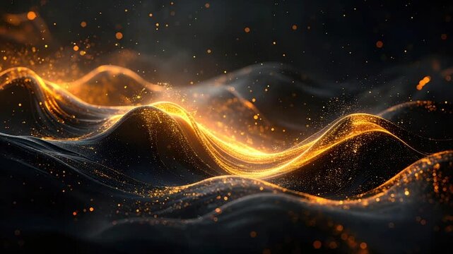 A mesmerizing abstract depicts undulating, dark forms, interlaced with golden, glowing lines and particles