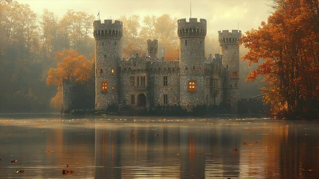 A stone castle with turrets sits on a lake surrounded by autumn trees and a misty atmosphere