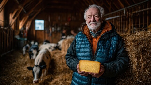 Artisan Holding Cheese: An elderly man, smiling with pride, proudly displays a freshly made block of cheese inside a rustic barn filled with hay, representing artisan craftsmanship.