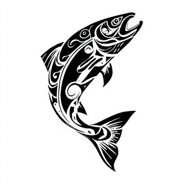Stylized black and white tribal salmon fish tattoo design illustration isolated on white background, Pacific Northwest indigenous art style salmon jumping, ethnic salmon silhouette for logos