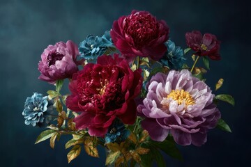 Obraz premium Vibrant Peony Bouquet Against Dark Teal Background