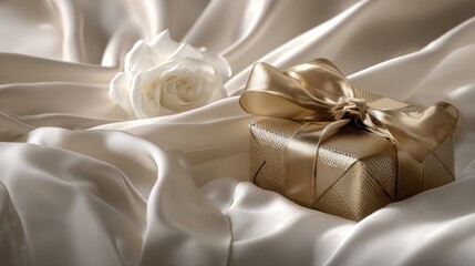 Luxurious Gold Gift Box with Ribbon and White Rose on Elegant Cream Silk Fabric, Perfect for Romantic Celebrations and Special Occasions