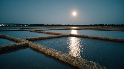 Fototapeta premium Full moon reflecting over serene rice paddies at night