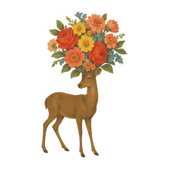 Fototapeta premium PNG Deer with vibrant floral antlers.