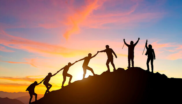A powerful silhouette scene captures a group of climbers reaching the summit of a mountain