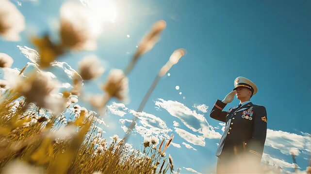A solemn soldier salutes amidst tall grass under a bright blue sky, evoking respect and patriotism.