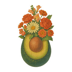 Fototapeta premium PNG Avocado with vibrant floral arrangement.