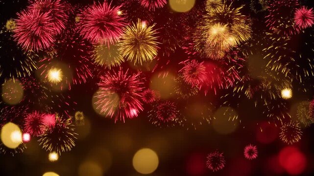Festive red and gold fireworks exploding with glowing bokeh lights against a dark background