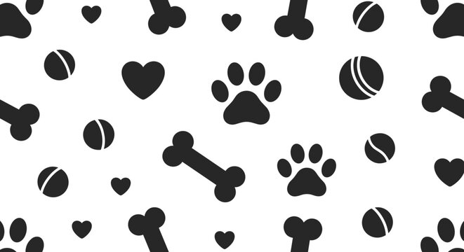 Seamless Pattern of Pet Icons Paw Prints Bones Hearts and Balls
