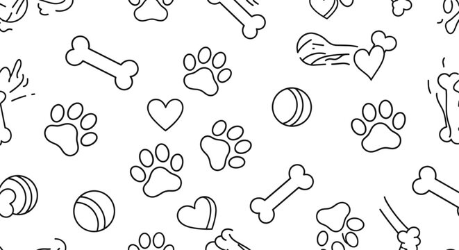 Cute Dog Paw Prints Bones and Hearts Seamless Pattern - Black and White Outline