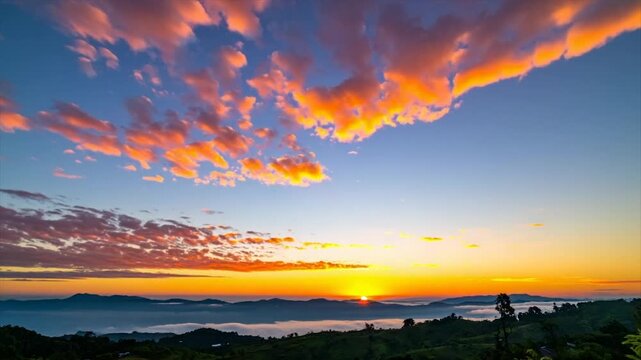 A vibrant sunset over misty mountains, with clouds illuminated by golden sunlight