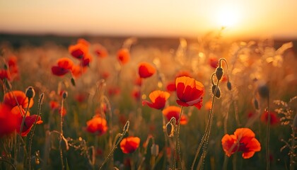 Fototapeta premium Red Poppy Flowers in Golden Hour Meadow