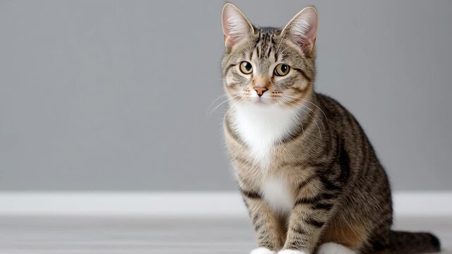 Young tabby Manx cat sitting on light floor against neutral gray wall in minimalist studio setting