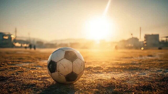A nostalgic scene of a worn soccer ball on grass, bathed in golden sunlight, evoking memories of childhood play.