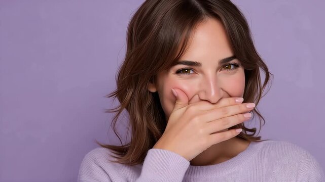 Woman covering mouth trying to hold back laughter smiling on purple studio background