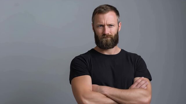 Skeptical bearded man crossing arms and looking with distrust on gray studio background