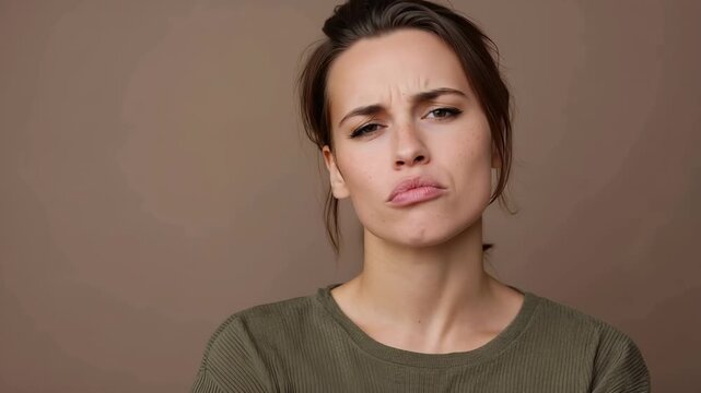 Doubtful woman frowning and looking with distrust on beige studio background
