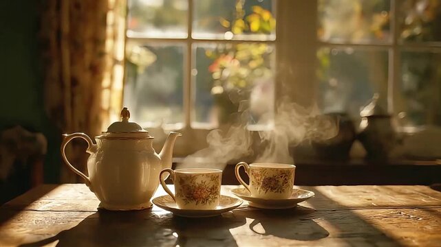 A cozy scene of steaming tea cups and a teapot by a sunlit window, evoking relaxation and comfort.