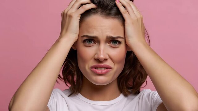 Upset woman holding head in despair expressing emotional breakdown on pink studio background