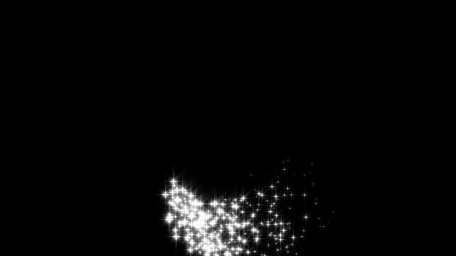 Magic sparkling bokeh effects with white glowing fairy sparkle line burst and fairy dust wand glitter stars trail transition on black screen background for overlay in 4k high quality animation. 4k