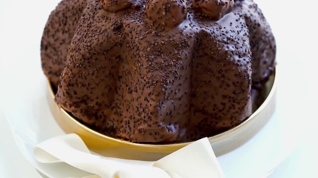 Profiteroles cake on white background and dark chocolate 