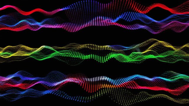 Colorful sound wave data lines flowing in parallel on a dark background for music or digital technology concept