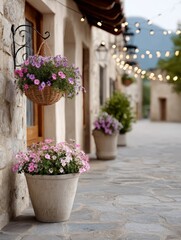 Charming outdoor cafe with hanging flower baskets