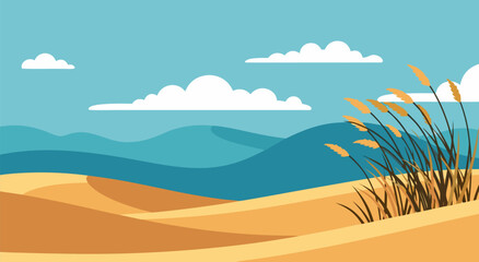 Obraz premium Serene Desert Dunes with Blue Sky and Yellow Plants Vector Illustration in Vibrant Landscape