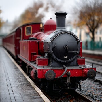 Vintage red steam train on rainy railway platform in autumn