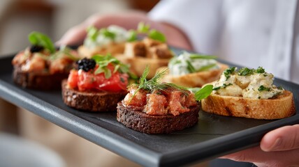 Assorted gourmet appetizers on black serving tray