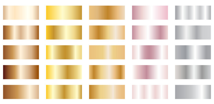 Metallic foil texture silver, steel, chrome, gold, platinum, copper, bronze, pink gold gradient swatches. Shiny metallic collection graphic design on white bg, vector collection