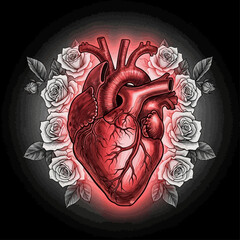 Anatomical Heart with White Roses &ndash; Gothic Chalk Illustration Art