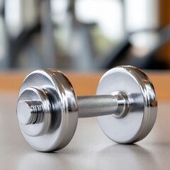 Shiny Metal Dumbbell on Gym Table with Blurred Background
