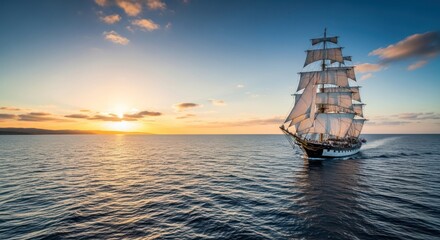 Sailing ship at sunset a majestic vessel on the ocean with dramatic lighting