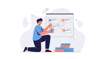 Fototapeta premium Man Organizing Project Plan on Whiteboard with Flowchart and Sticky Notes